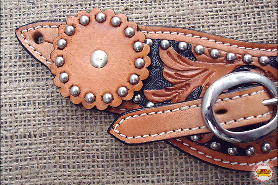 Hilason Western Leather Spur Straps Light Oil Black Hand Paint Floral