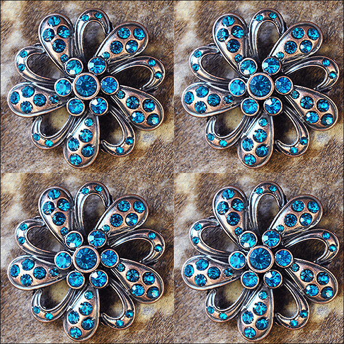 HILASON Western Screw Back Concho Copper Finish Floral Bling Crystal Turquoise Color | Bridle Conchos Slotted