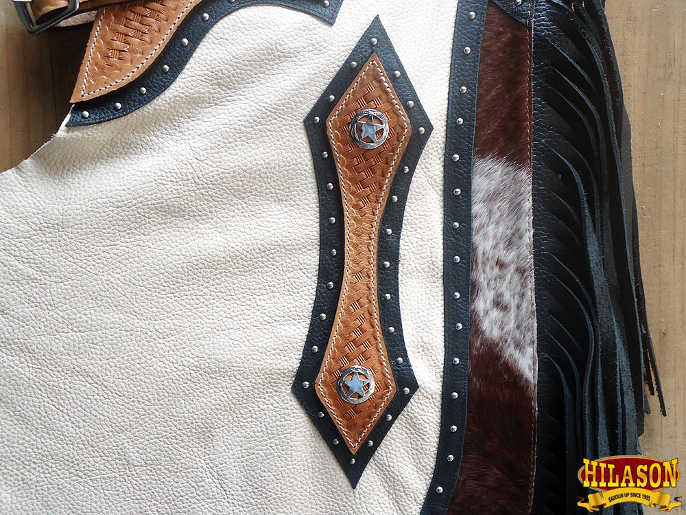 Hilason Western Bull Riding Chinks Chaps Rodeo Bronc Smooth Leather White Adult