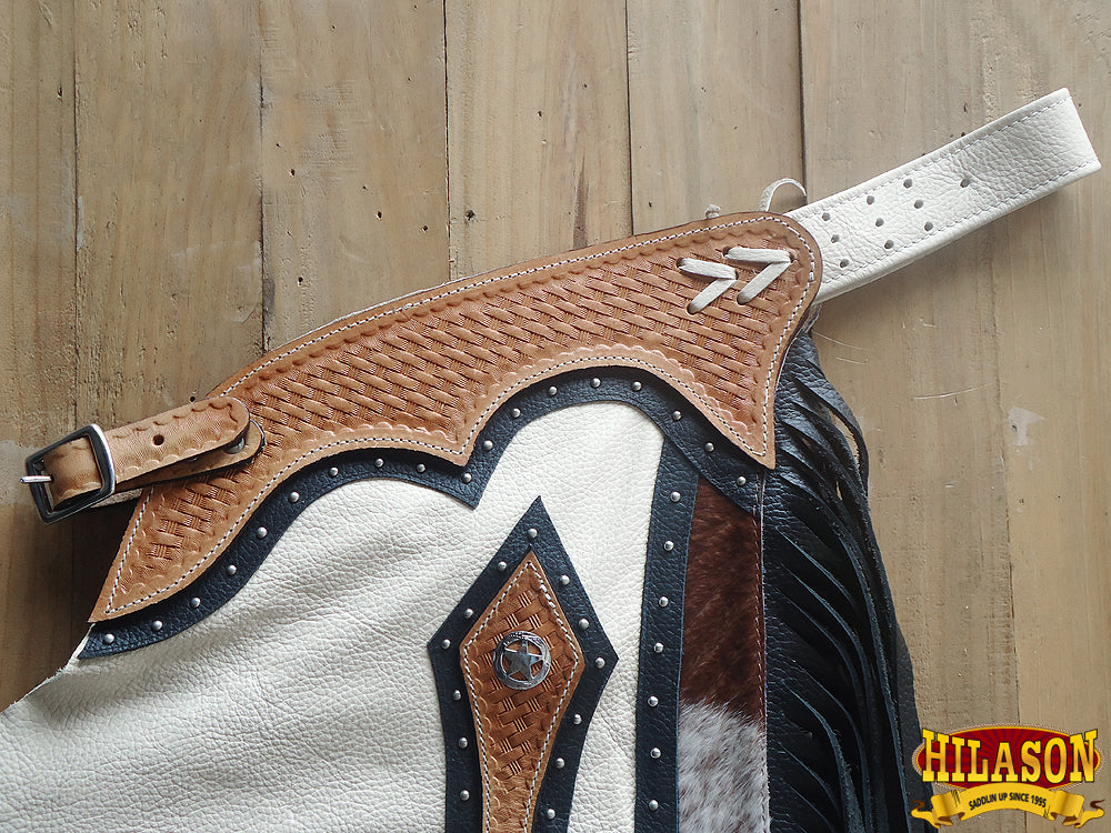 Hilason Western Bull Riding Chinks Chaps Rodeo Bronc Smooth Leather White Adult