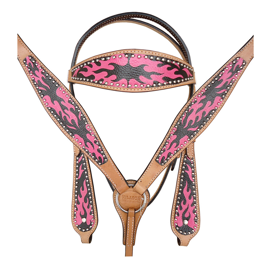 HILASON Western Horse Leather Headstall & Breast Collar Tack Set Pink Flame