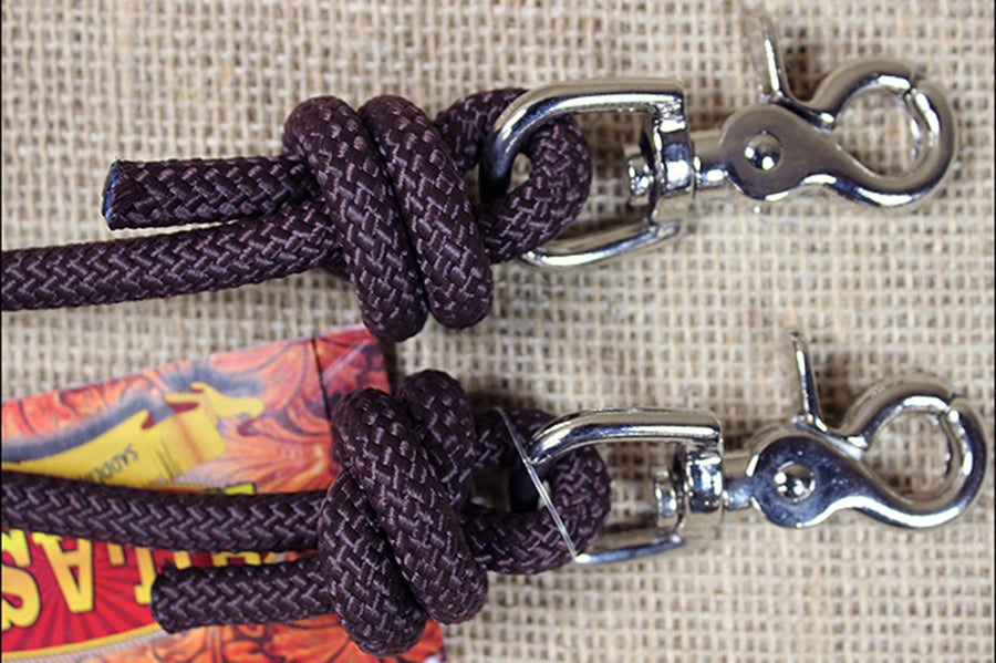 8 Ft Hilason Mountain Rope Knotted Barrel Horse Rein Round Trigger Snap Brown