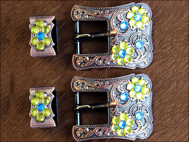 Hilason Screw Back Concho Capri & Lemon Crystal Floral Copper Buckle Set 3/4 Inch