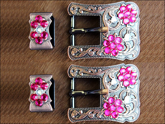 Hilason Screw Back Concho Fuschia & Crystal Floral Copper Buckle Set 3/4 Inch