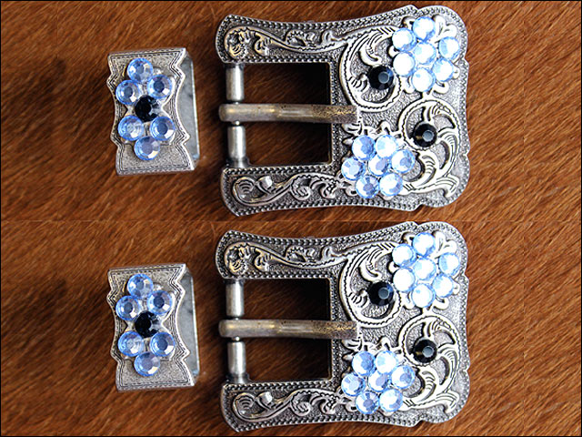 HILASON Western Screw Back Concho Blue Crystals Silver Finish Buckle Set Black and Sapphire Color | Slotted Conchos