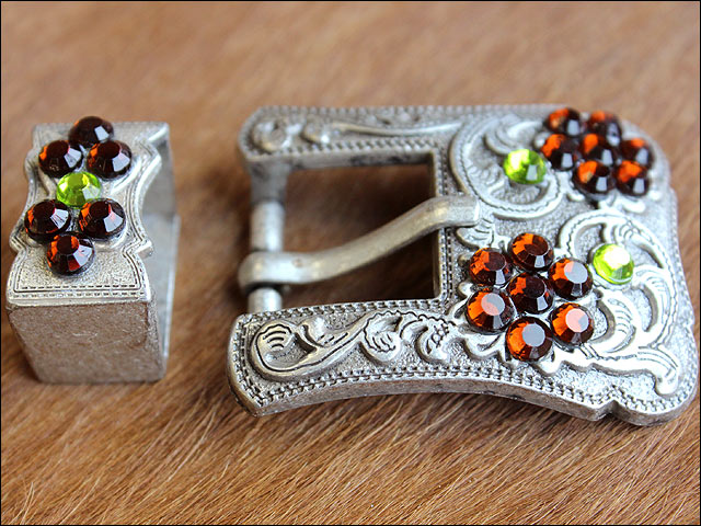 HILASON Western Screw Back Concho Peridot Topaz Crystals Silver Buckle Set and Smokes Color | Slotted Conchos