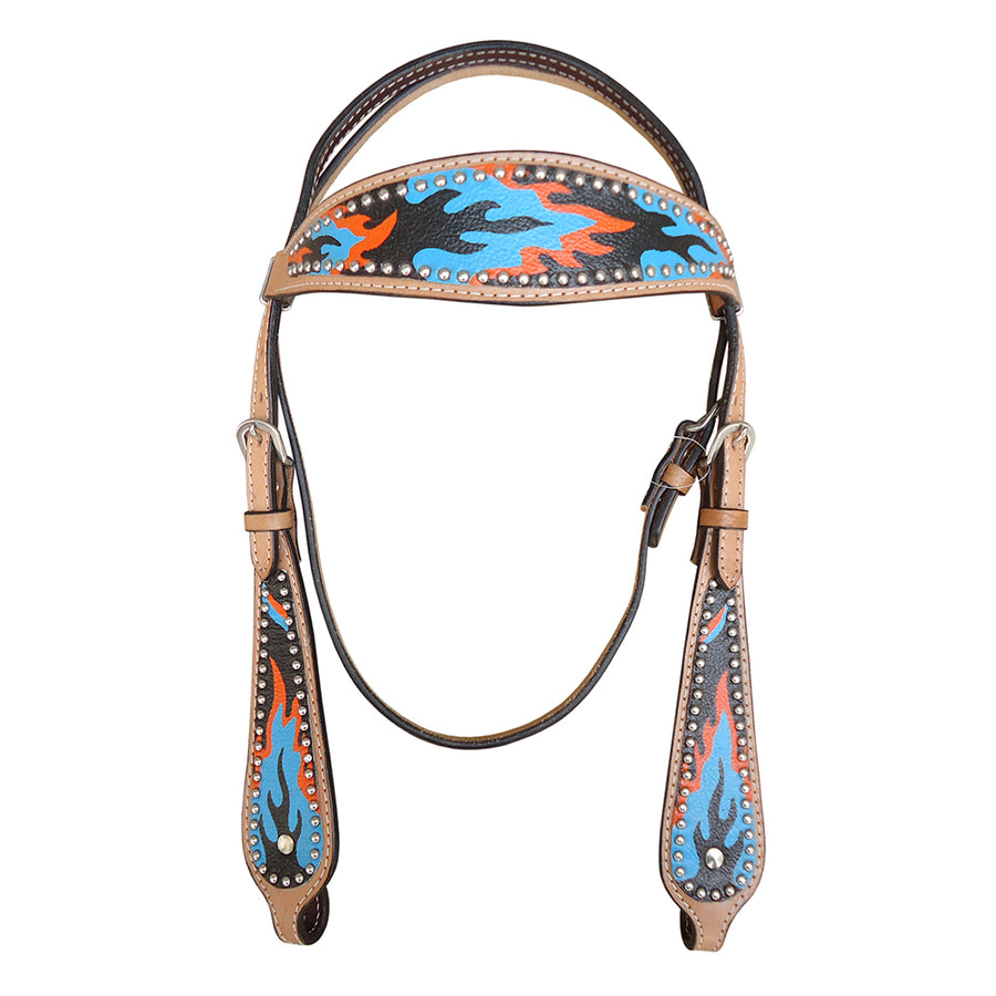 HILASON Western Horse Leather Headstall & Breast Collar Set Turquoise Flame
