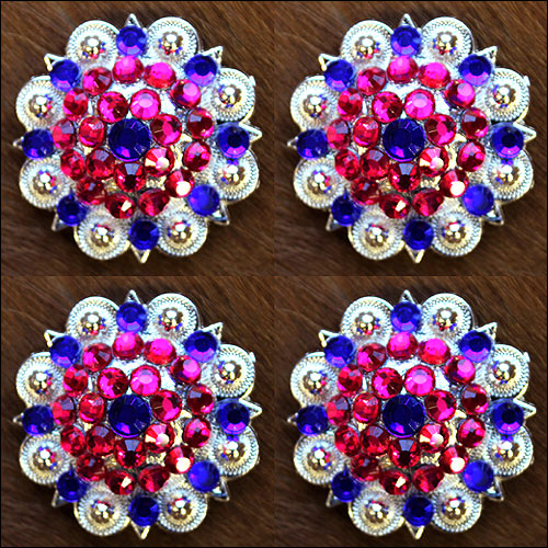 HILASON Blue Pink Crystal 1-1/4In Berry Headstall Saddle | Slotted Conchos Leather Screw Back