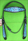 HILASON Western  Horse Leather Headstall & Breast Collar Set Turquoise Cheetah