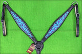 HILASON Western  Horse Leather Headstall & Breast Collar Set Turquoise Cheetah
