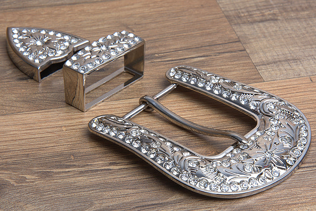 HILASON Screw Back Concho Stainless Steel Buckle Set Bling Crystal Black Color | Bridle Conchos Slotted