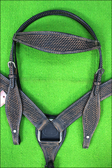 HILASON Western Horse Headstall Breast Collar Set Genuine American Leather Basket Weave Rough Out Black | For Horses