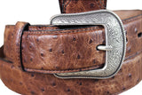 3D Men's Vintage Brown Ostrich Print Leather Belt Feathered Edge & Silver Buckle