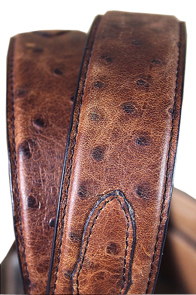 3D Men's Vintage Brown Ostrich Print Leather Belt Feathered Edge & Silver Buckle