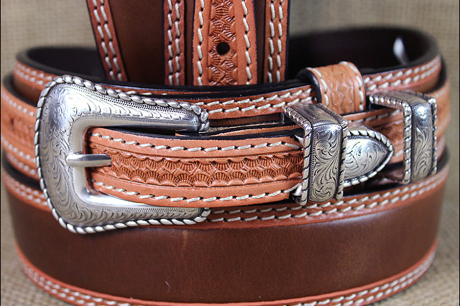 2 Tone Brown Full-Grain Leather Belt Contrast Stitching & Removable Buckle Set