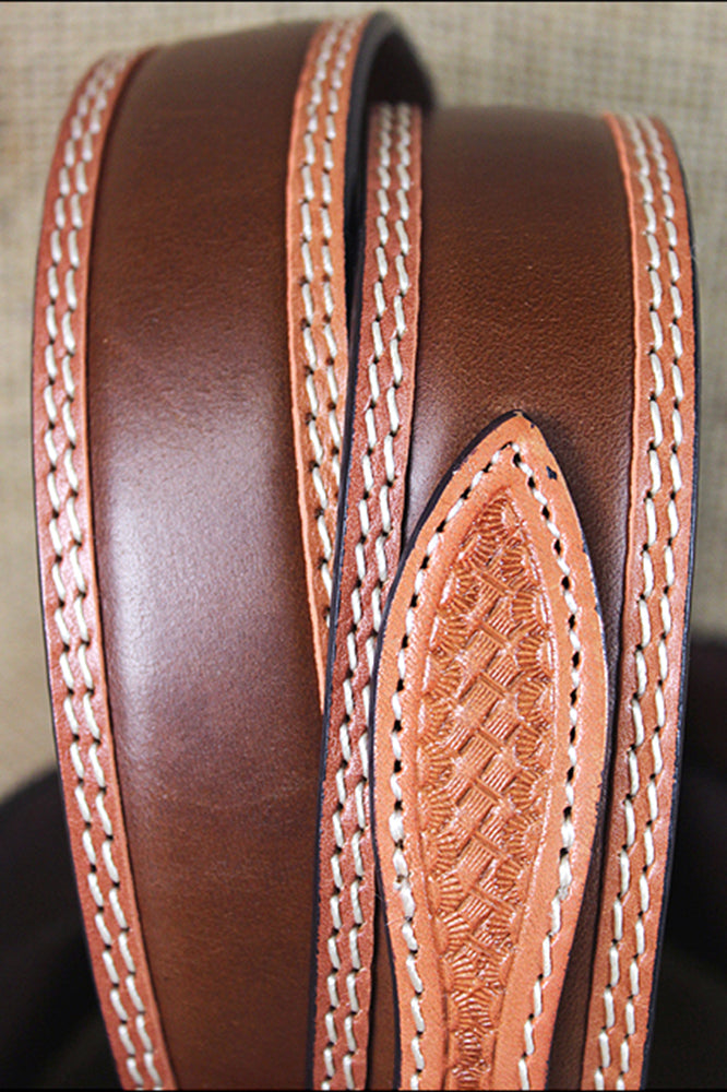 2 Tone Brown Full-Grain Leather Belt Contrast Stitching & Removable Buckle Set