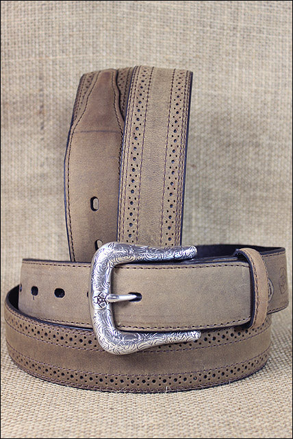 Western Laether Belt Men Ariat Brown Distressed Perf Edge 32-46 In