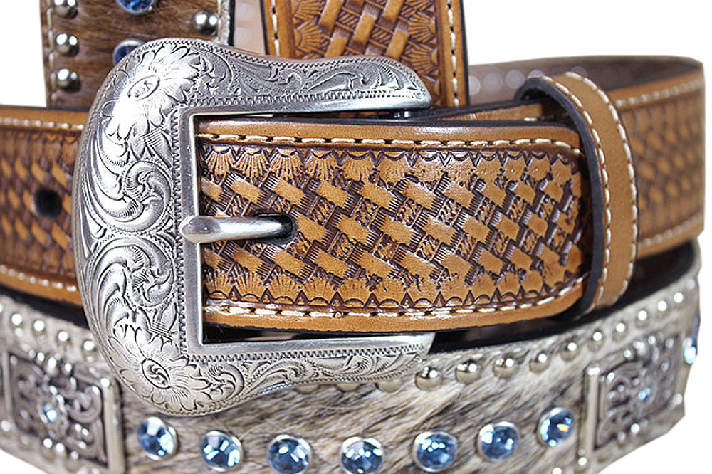 28 In Western Stamp Leather Belt Men Nocona Conchos Natural Basket