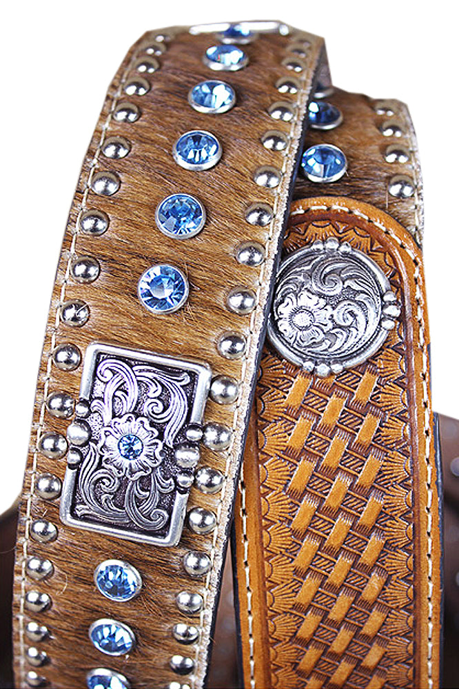 Western Stamp Leather Belt Men Nocona Conchos Natural Basket 32-46 Inches