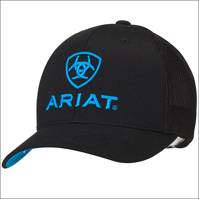 Ariat Cowboy Baseball Cap Black Turquoise Logo Mesh Side Flex Fit