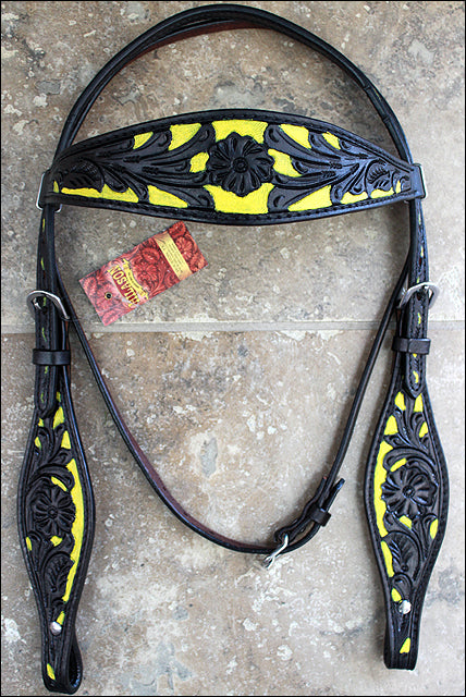 Hilason Western Horse Headstall & Breast Collar American Leather Black Yellow