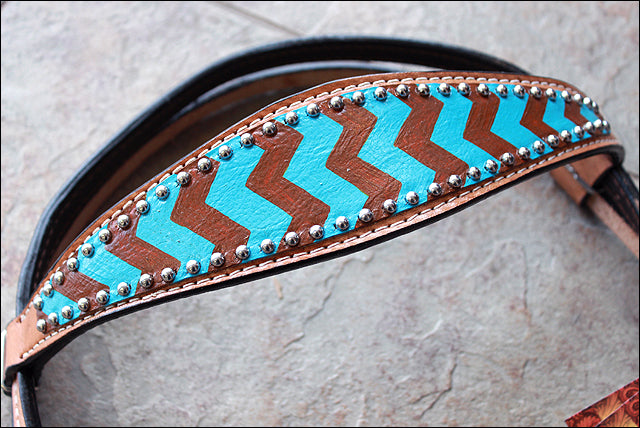 HILASON Western Horse Genuine Leather Headstall & Breast Collar Set Turquoise Brown Zigzag