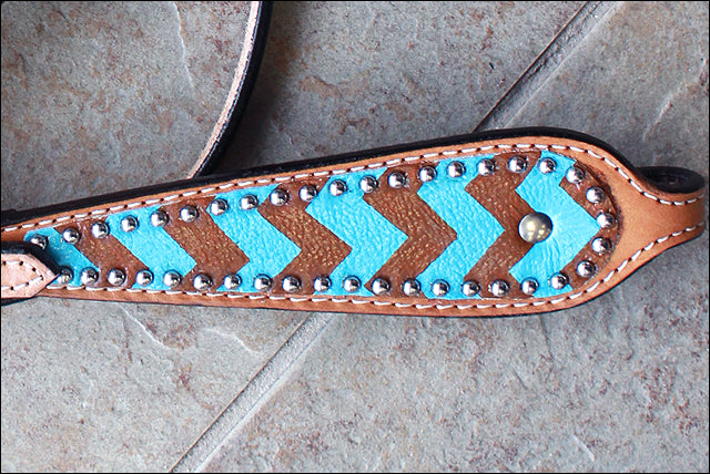 HILASON Western Horse Genuine Leather Headstall & Breast Collar Set Turquoise Brown Zigzag