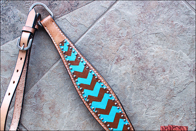 HILASON Western Horse Genuine Leather Headstall & Breast Collar Set Turquoise Brown Zigzag