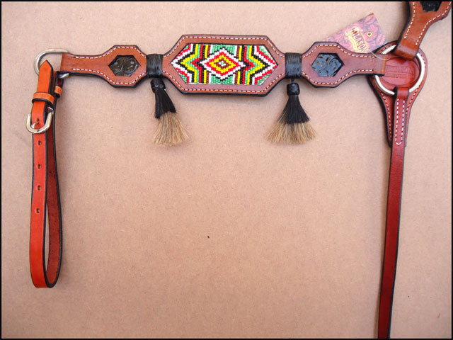 Hilason Western Leather Breast Collar Mahogany Beaded Inlay Hair Tassel