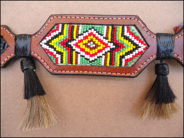 Hilason Western Leather Breast Collar Mahogany Beaded Inlay Hair Tassel