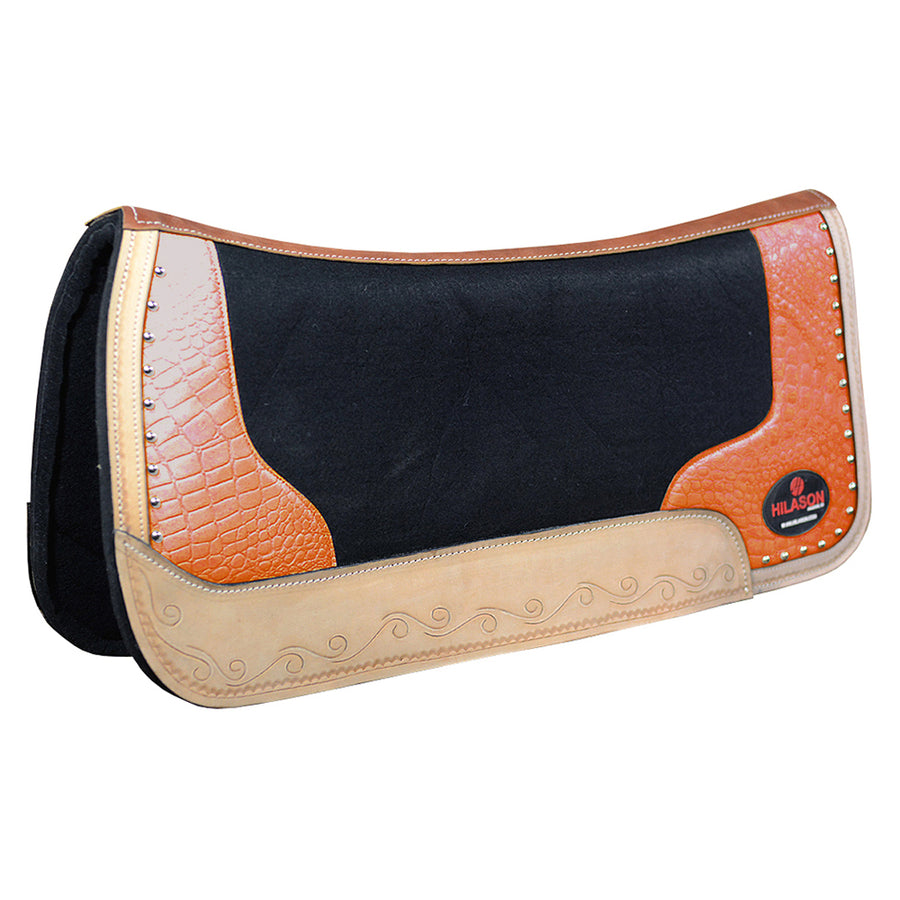 Hilason leather saddle pad with black suede and tooled design - Uhorse