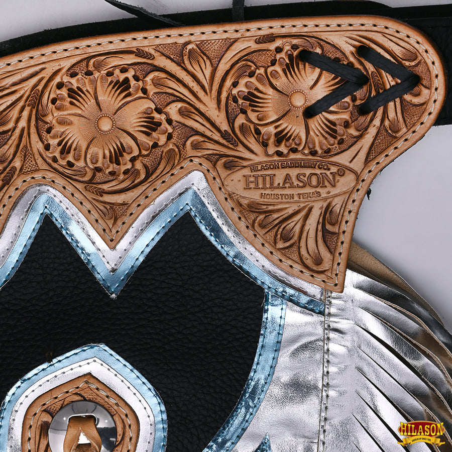 HILASON Bull Riding Chaps de Cuero genuino Rodeo Western Black Base | Leather for Men and Women Unisex