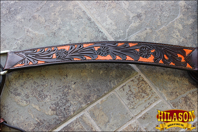 Hilason Western Horse Headstall & Breast Collar American Leather Dark Brown w/ Orange Inlay