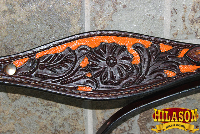 Hilason Western Horse Headstall & Breast Collar American Leather Dark Brown w/ Orange Inlay