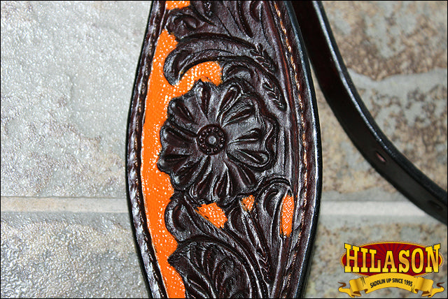 Hilason Western Horse Headstall & Breast Collar American Leather Dark Brown w/ Orange Inlay