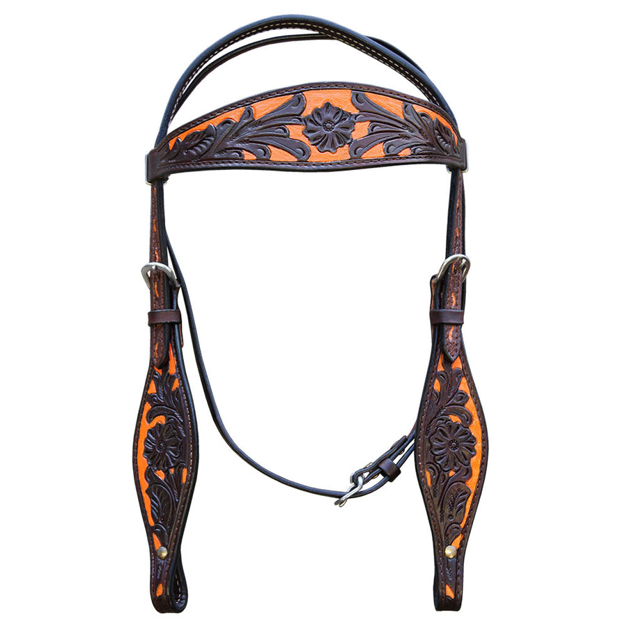 Hilason Western Horse Headstall Bridle American Leather Dark Brown with Orange Inlay - Uhorse