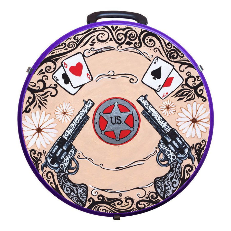 Purple oval cosmetic bag with western playing card and revolver design - Uhorse