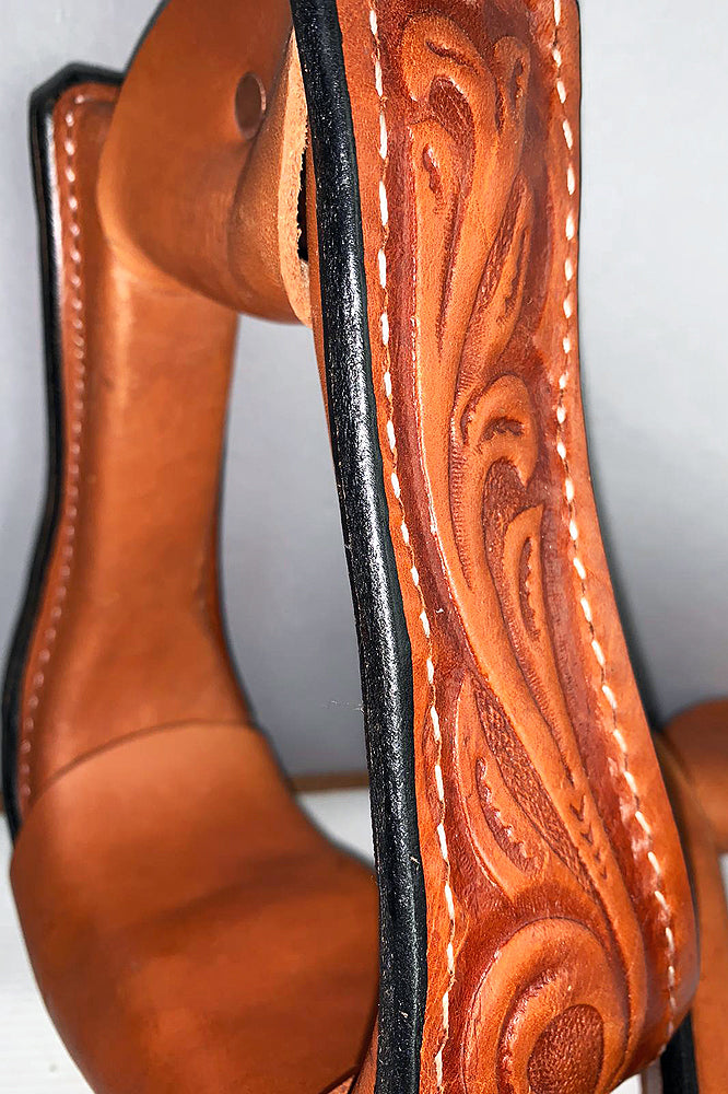 3 In Neck Circle Y Horse Saddle Floral Leather Covered Show Stirrups Pair