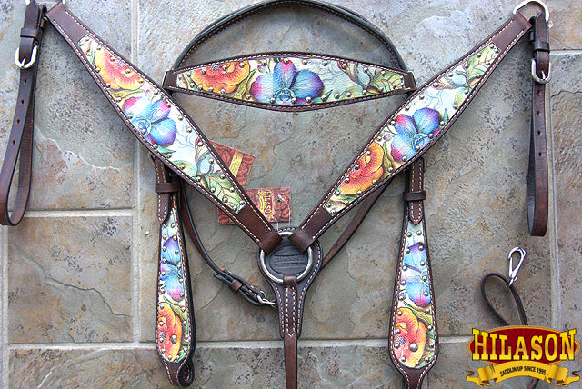 Hilason Western Horse Breast Collar Headstall American Leather Dark Brown Floral