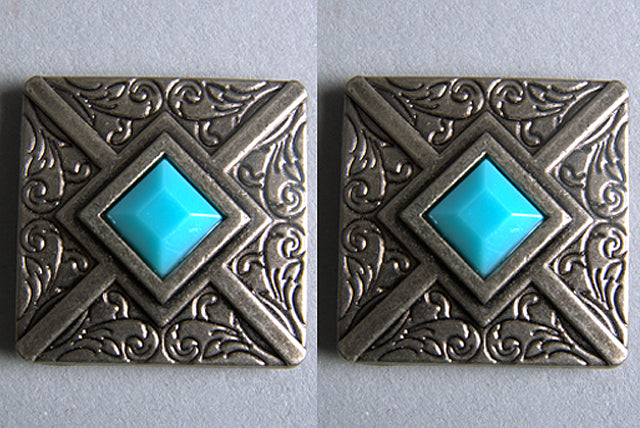 Western Screw Back Concho 1.25 In Antique Silver Turquoise Square Saddle