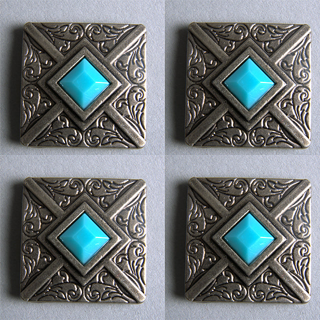 Western Screw Back Concho 1.25 In Antique Silver Turquoise Square Saddle