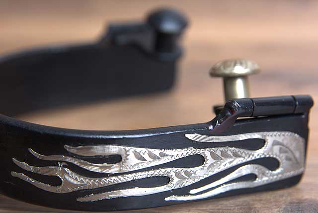 Hilason Western Black Steel Mens Flames Engraved Horse Riding Spurs Pair