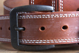 34 Inch 3D Brown Mens Leather Stitched Basic Belt Brass Buckle