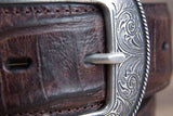 Mens M&F Western Distressed Brown Croc Print Leather Belt Engraved Silver Buckle