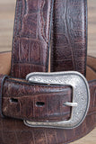 Mens M&F Western Distressed Brown Croc Print Leather Belt Engraved Silver Buckle