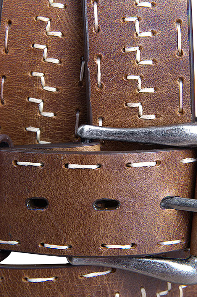 Men's Full-Grain Distressed Dark Brown Leather Belt Antique Silver Roller Buckle