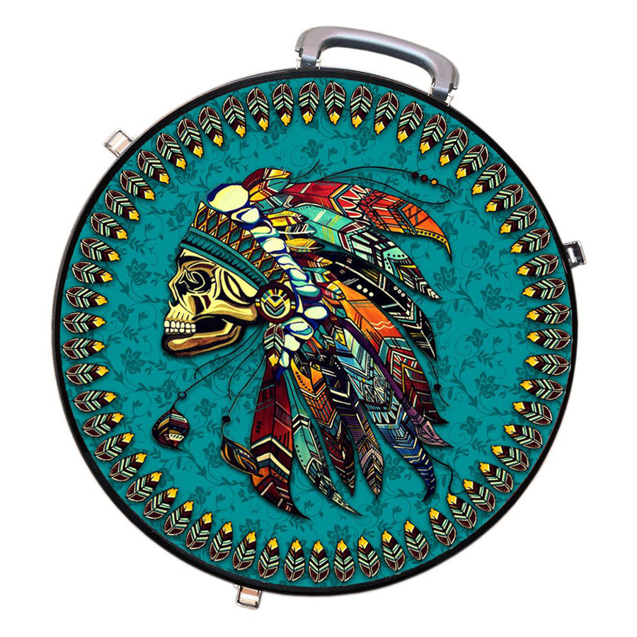 Turquoise leather round seat cushion with Native American headdress design - Uhorse