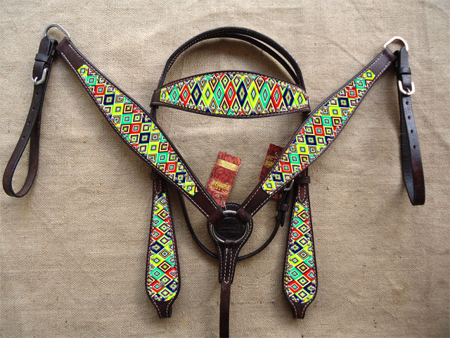 Hilason Western Horse Headstall Breast Collar Set American Leather Aztec
