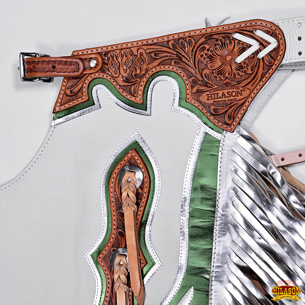 Hilason Pro Rodeo Bronc Bull-Riding Show Genuine Leather Chaps - White