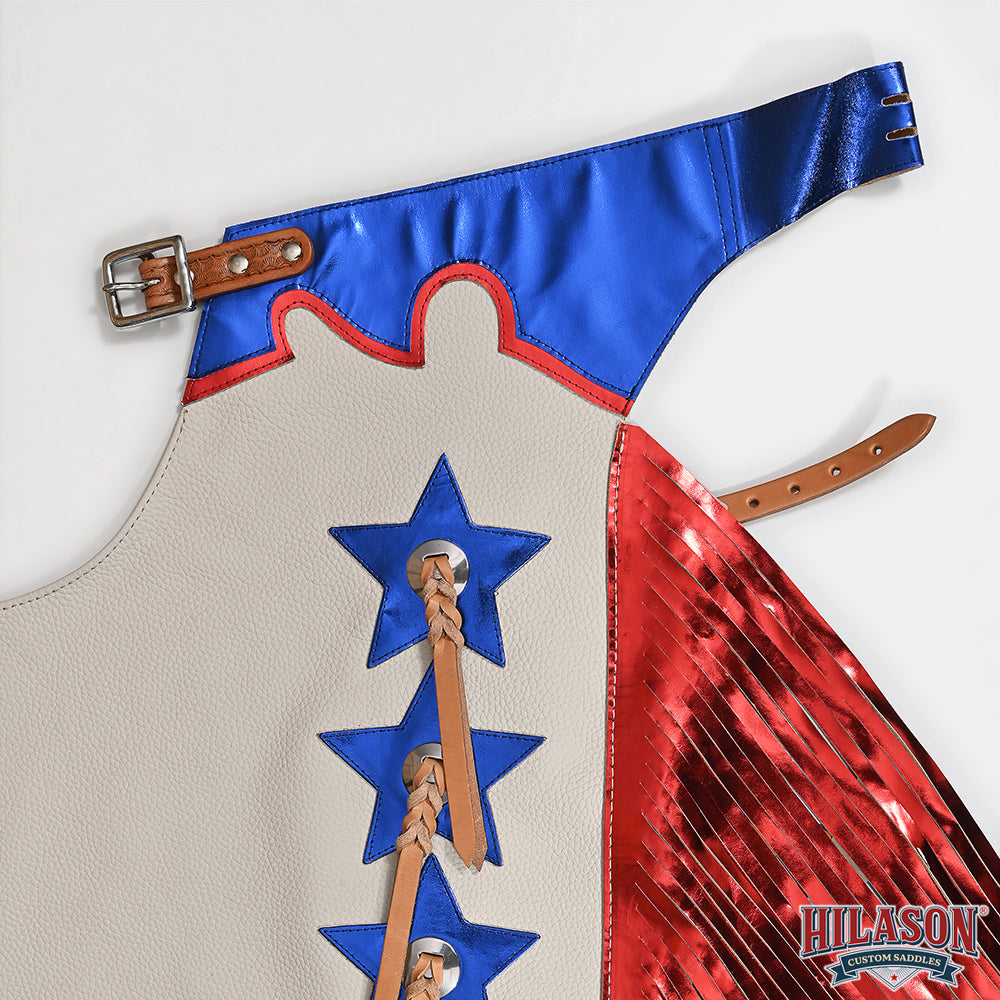 Hilason Pro Rodeo Bull Riding Chaps Us Flag White Genuine Leather